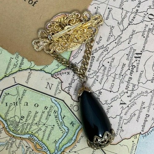 Victorian Revival Victoria Gratia Coin Chatelaine Brooch Black Dangle Drop - Picture 5 of 6