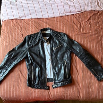 Dsquared2 Black Leather Biker Jacket Slim Fit Zip Band Collar Men's 50