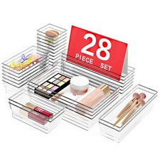 28PCS Clear Plastic Drawer Organizer Set 4 Size Storage Trays for Home