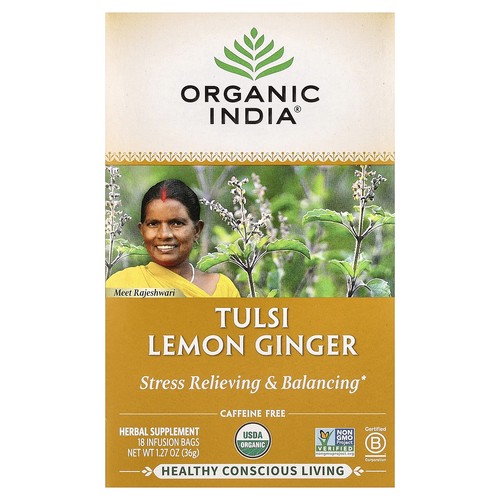 Tulsi Lemon Ginger Tea, Caffeine-Free, 18 Infusion Bags, 1.27 oz (36 g)