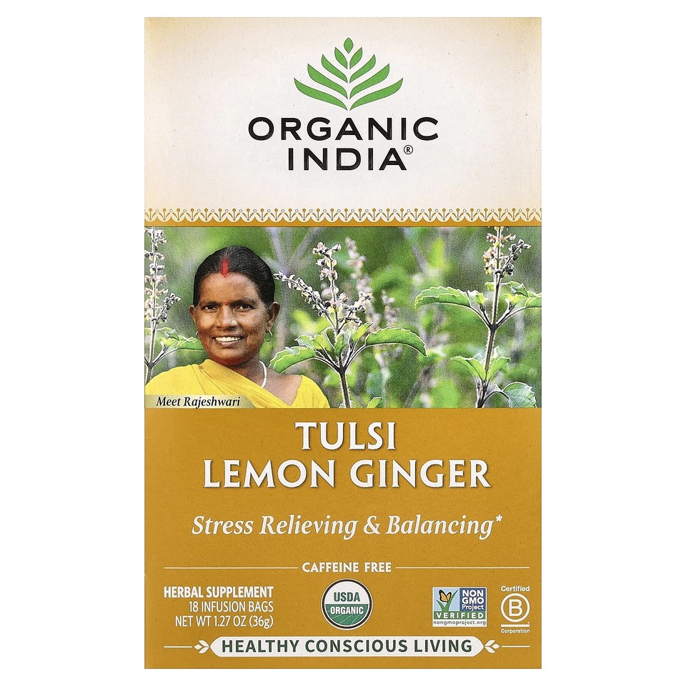 Tulsi Lemon Ginger Tea, Caffeine-Free, 18 Infusion Bags, 1.27 oz (36 g)