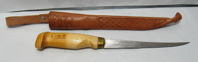 Vintage J Marttiini Made In Finland  6'' Blade Filet Knife Leather Sheath  (T66JJ