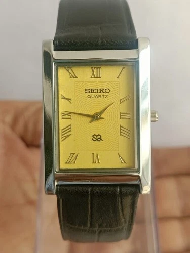 Vintage Seiko Slim Tank Quartz Men Yellow Dial Dress Watch-Free DDP Shipping