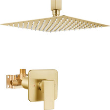 Brushed Gold 12" Rainfall Shower System with Valve - Square Stainless Steel Set