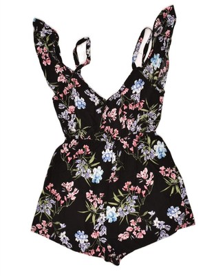 Pull & Bear Damen ärmellos Playsuit UK 12 Medium W26 schwarz Blumenmuster FH05