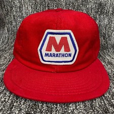 VTG Marathon Oil Corduroy Snapback Hat Mens Red Patch Gas Station Trucker Cap 80