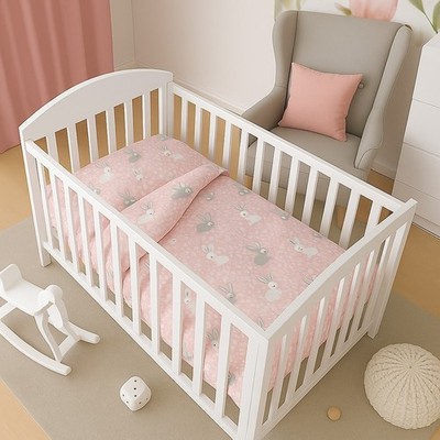 2tlg Baby Bettwäsche Set Baumwolle 120x90cm Bettbezug passend Wiege Hase Rosa