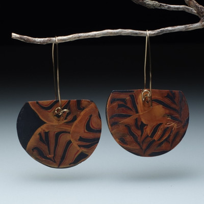 Brown Black Half Round Polymers Clay Earrings with Black Beads on Long Wires