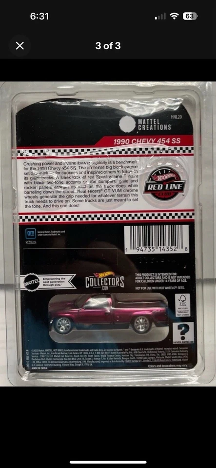 Hot Wheels - RLC Red Line Club 2023 эксклюзивный выпуск - 1990 CHEVY 454 SS ГРУЗОВИК - КРАСНЫЙ - Изображение 2 из 2