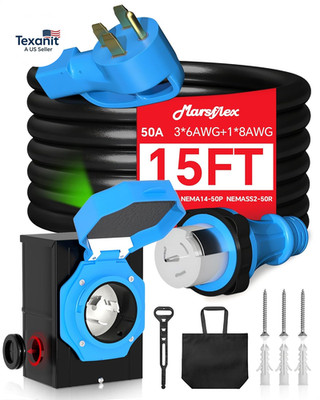15FT 50 Amp Generator Cord and Power Inlet Box Kit, Pre-Drilled Inlet Box with N