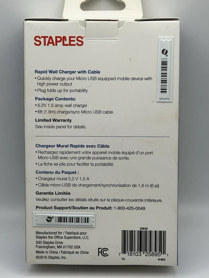 Cargador de pared rápido Staples con cable micro USB 1,5 amperios de 6’ nuevo en caja Foto 4 de 4