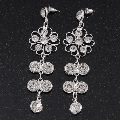 Klare silberfarbene Blumen-Ohrhänger aus Kristall - 7,5 cm Länge