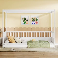Twin Size Canopy Bed Frame with Guardrails for Kids,Floor Bed Twin with Four Pos