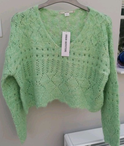 Kimchi Blue Pointelle Knit Cropped Jumper in Pale Green, Size S