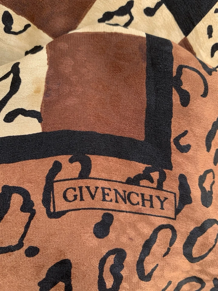 Vintage Givenchy Silk Scarf 33”x32” Leopard Print Geometric Brown Beige #A56 - Image 3 of 4