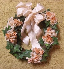 Grapevine Wreath with Pink Peach Blossoms Ivy Vine and Pale Peach Ribbon 9