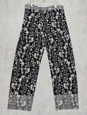 Susan Graver Pants M 8 / 10 Liquid Knit Pull On Wide Leg Black Floral Loose Fit