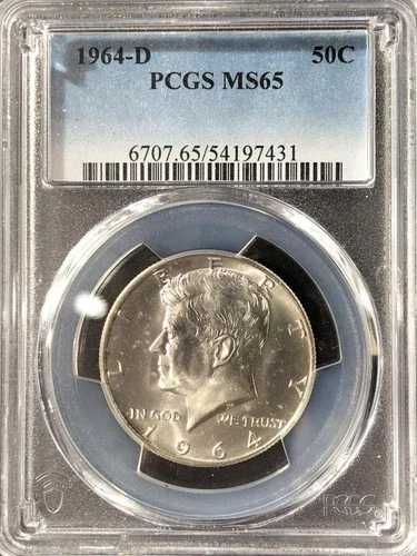 1964 D 90% SILVER KENNEDY HALF DOLLAR COIN DENVER MINT UNC PCGS MS65