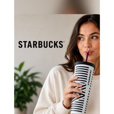Starbucks Black & White Striped Tumbler with Purple Straw