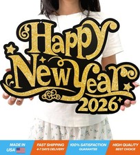 Happy New Year 2026 Black and Gold Wooden Hanging Sign Decorations, 2026...