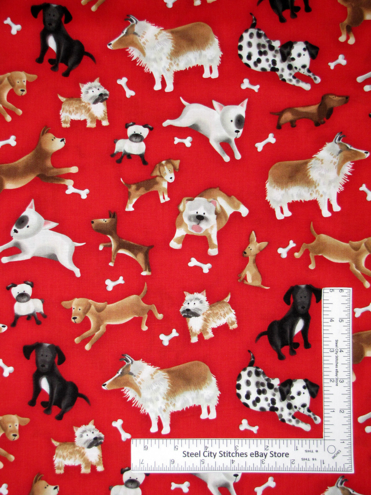 Animal Fabric Puppy Dog Bones Toss Red Cotton Timeless Treasures C5917 By Yard
