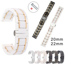 Ceramic Watch Strap 20mm Butterfly Buckle Clasp Stainless Steel Links Band 22mm