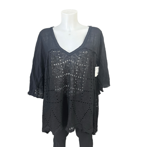 Free People Summer Lovin’ Black Linen Blend Tunic Blouse 3/4 Sleeve Small New