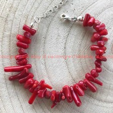 Pretty Natural 3x10mm Red Coral Gemstone Chips Irregular Beads Bracelet 7-9Inch