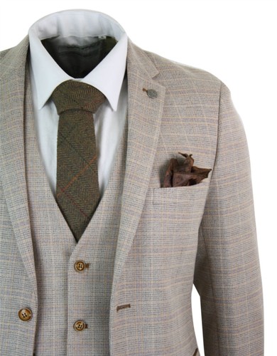 Abito 3 Pezzi Uomo Beige Marrone Vintage In Tweed Scacchi Retro Classico |  eBay