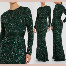 NWT Mac Duggal [ 8 ] 5453 Hand Embellished Long Sleeve Gown Forest Green J2008