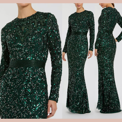 NWT Mac Duggal [ 16 ] 5453 Hand Embellished Long Sleeve Gown Forest Green J1749