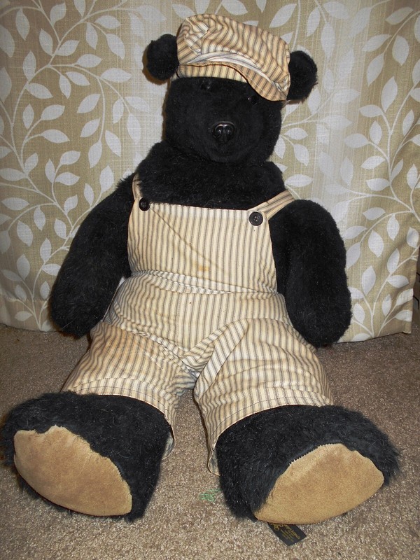 Vintage Bear Lrg Plush w/Engineer hat/overalls by Marge's Animals made in NH USA