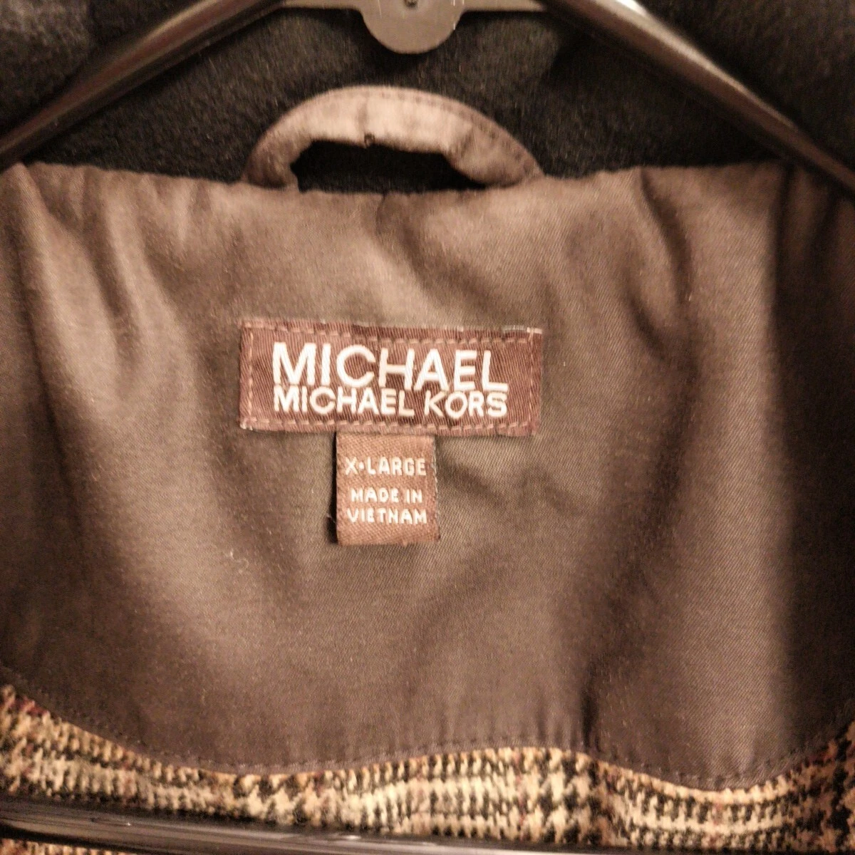 Giacca uomo autentica Michael Kors marrone scuro con cappuccio cerata XL cerniera rotta