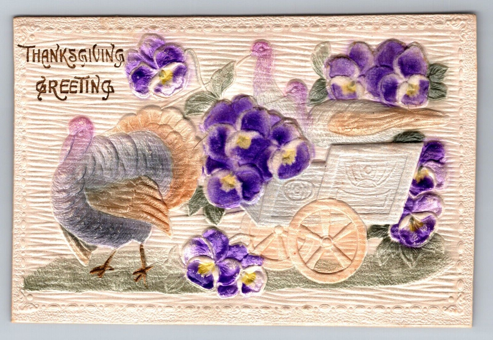 PC Airbrush High Relief Soft Textured Purple Flowers Thanksgiving Turkeys Wagon