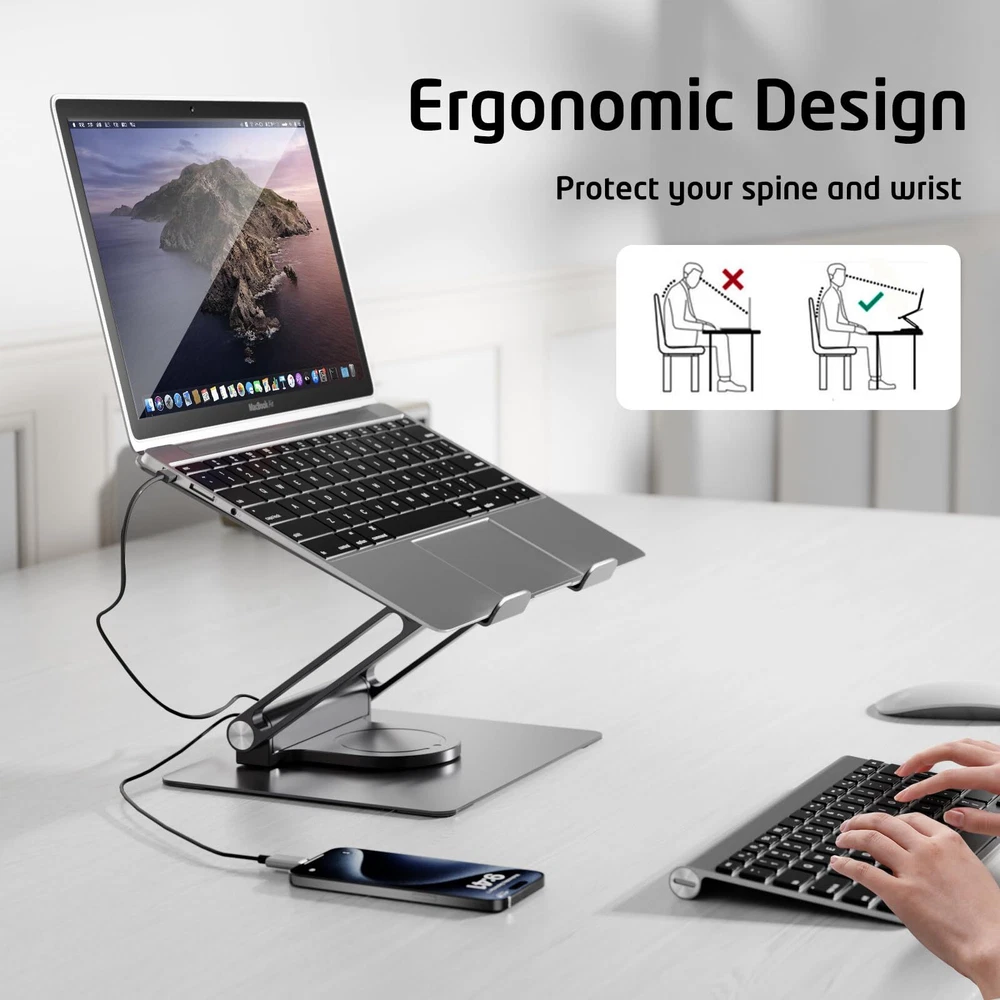 Adjustable Aluminum Laptop Stand with Dual USB-C and USB-A Ports for Desk Adjustable Aluminum Laptop Stand with Dual USB-C and USB-A Ports for Desk