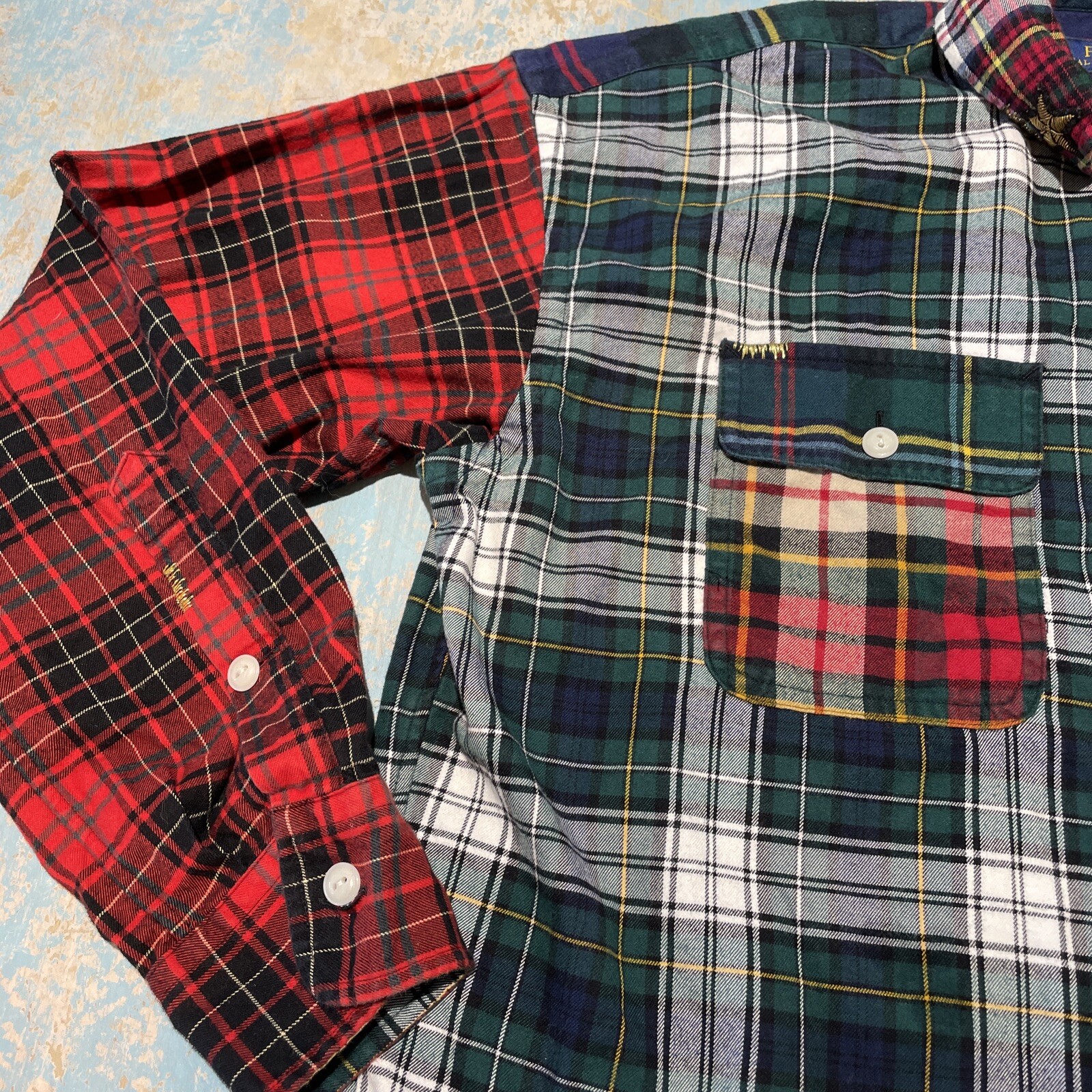 80 rare Polo Ralph Lauren Patchwork flannel crest emblem button up shirt top image 5