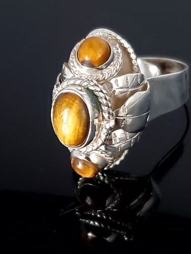 Rare Vintage Sterling Silver Poison Ring Triple Tiger Eyes Adjustable Size - Picture 2 of 12