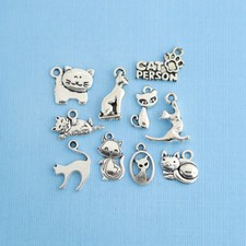Cat Charm Collection Antique Silver Tone 10 Different Charms - COL025