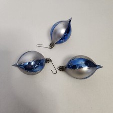 3 Fantasia POLAND Hand Blown Satin Blue Silver Teardrop Christmas Tree Ornaments