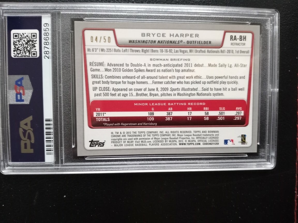 🔥 🔥Bryce Harper PSA 10 2012 Bowman Chrome Gold Refractor