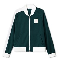 Tibi Double Knit Pique Zipper Up Jacket Sporty Luxe L Green White Stripe Nwt