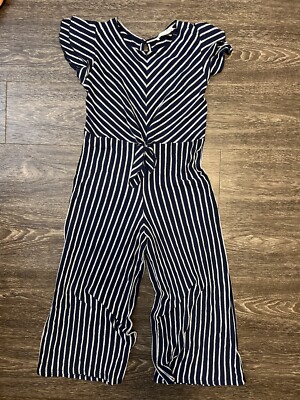 Knit Works Girls Romper Pants Suit Size 12 Navy Blue White Stripe Loose Soft Kid