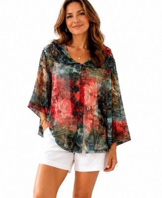 Damee Inc. Size XL Floral Mesh Jacket Top Sheer Artsy Button Front Swing Tunic