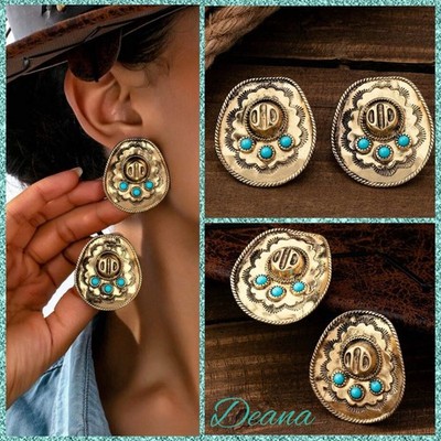 Creative Geometric Pattern Turquoise Vintage Western Style Cowboy Hat Earrings 