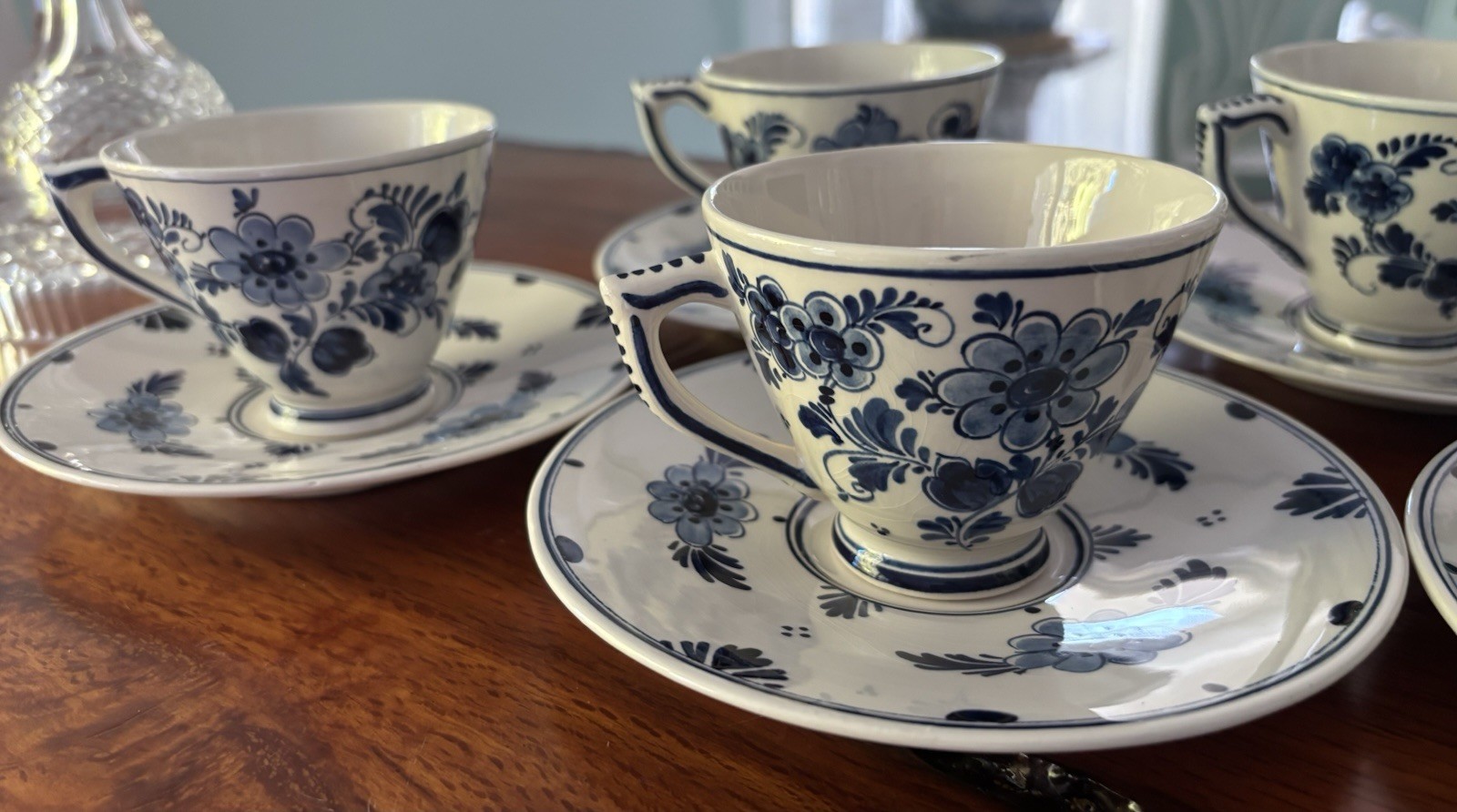 Set Of 5 Vintage Delft Blue Delfts Blade Hand Painted Cups & Saucers, Holland