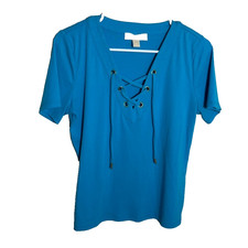 Michael Kors Blouse Women's Medium Blue V-Neck Cage Short Sleeve Casual Shirt