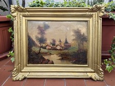 DIPINTO AD OLIO  DI PAESAGGIO E BORGO - FIRMATO RENI - CORNICE DORATA - METÁ 900