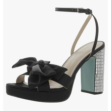 Betsey Johnson Maddy Black Satin Bow Rhinestone Platform Block Heel Sandal 9