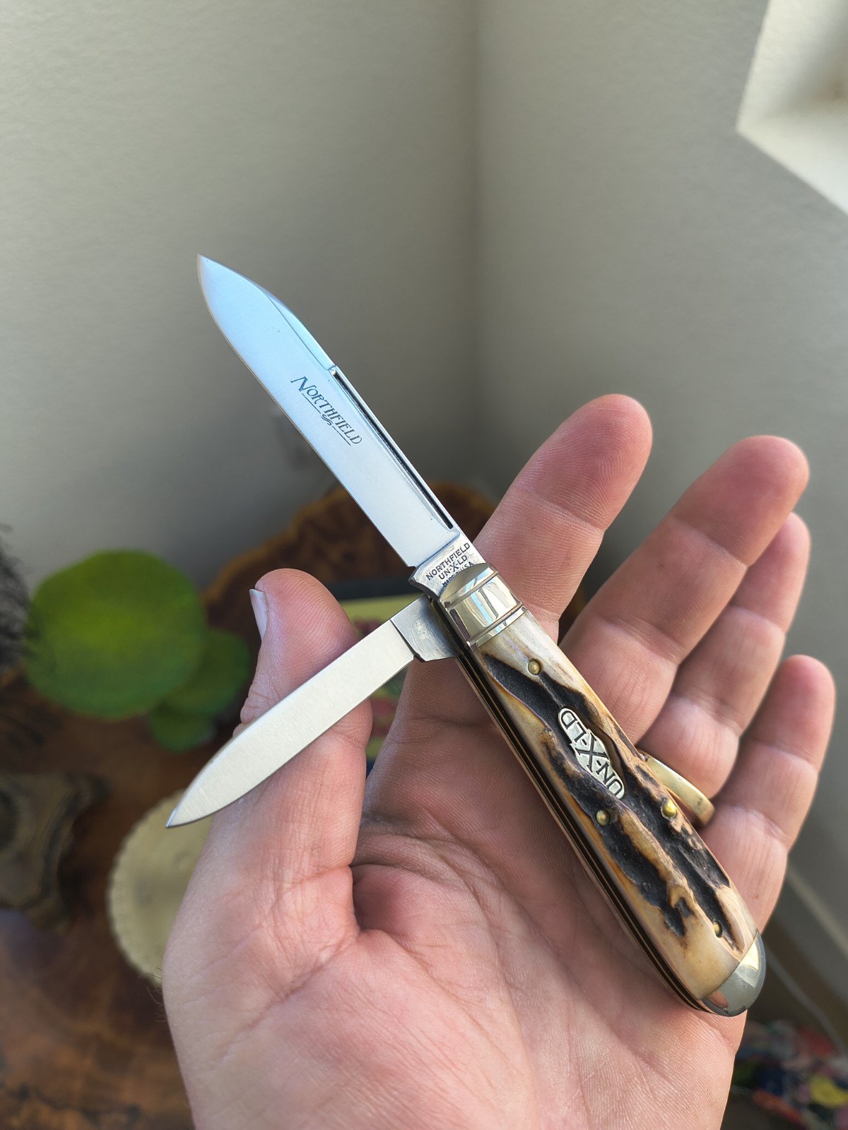 Great Eastern Cutlery GEC Northfield 77 Knife Burnt Stag Satin Blades 772215
