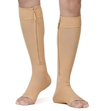 Zipper Copper Compression Socks Open Toe Beige 20-30 mmHg Knee High Stockings...